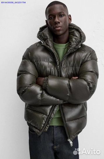 Пуховик Zara x Moncler глянцевый Хаки (Арт.44773)