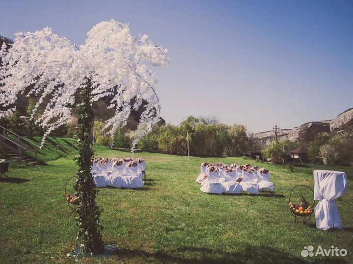 Белые чехлы на стулья и скатерти с рисунком