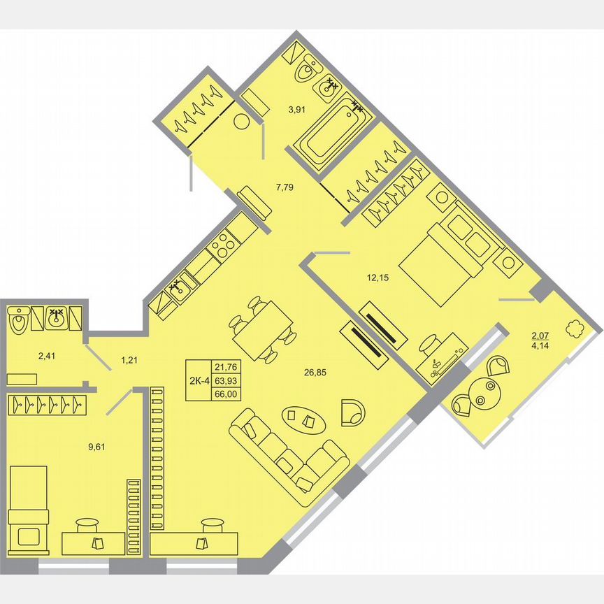 2-к. квартира, 66 м², 7/17 эт.
