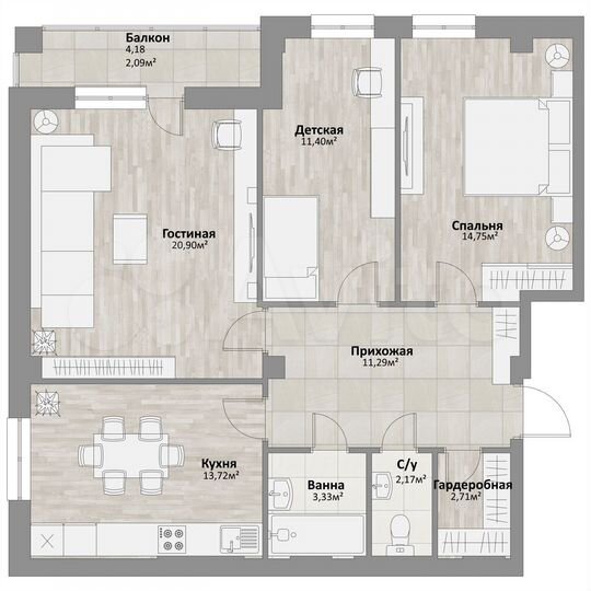 3-к. квартира, 82,4 м², 11/16 эт.