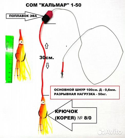 Оснастка на сома с поплавком и кальмаром на квок