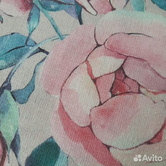 Ткань с розовыми цветами льняная, принт пионы