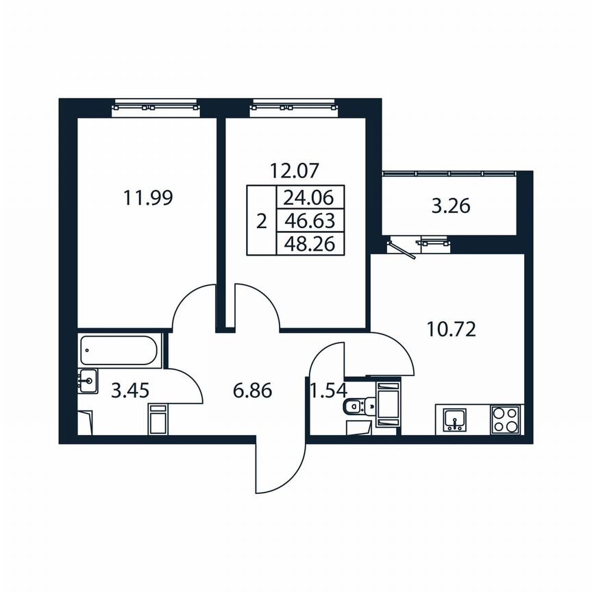 2-к. квартира, 49,9 м², 12/12 эт.