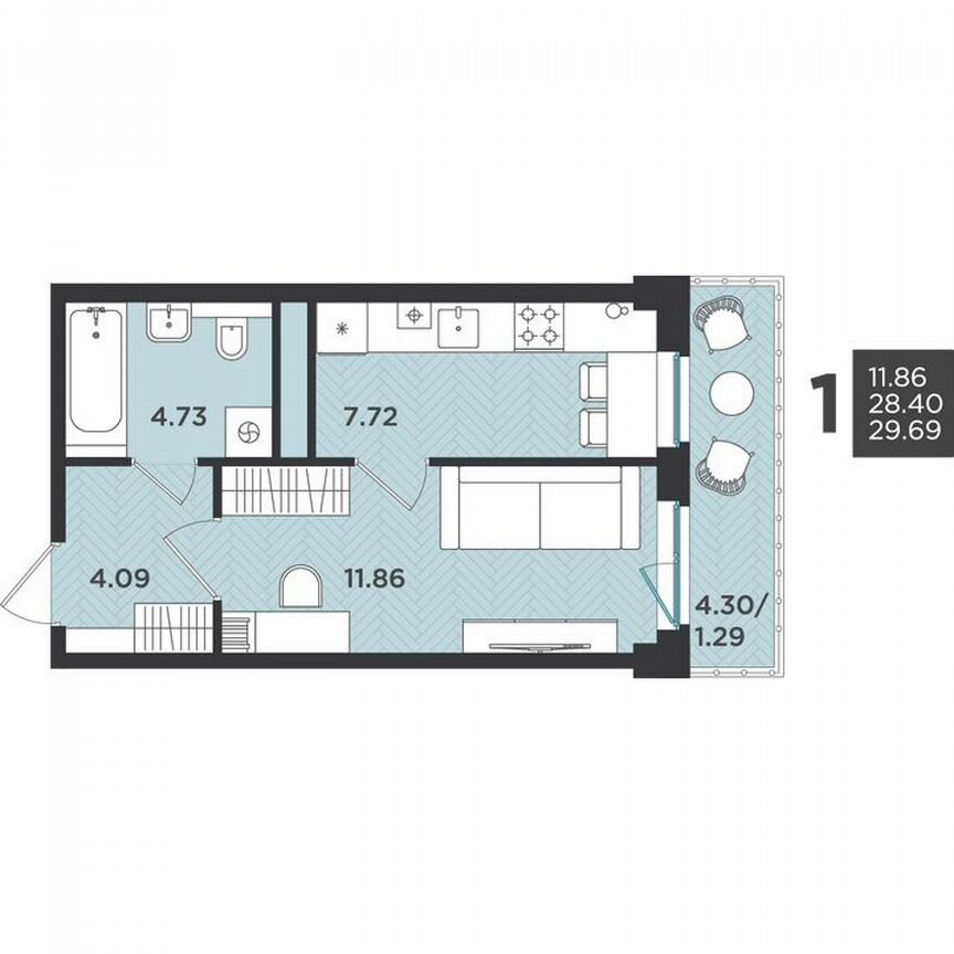1-к. квартира, 29,7 м², 3/4 эт.