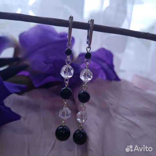 Серьги с черным агатом и горным хрусталем