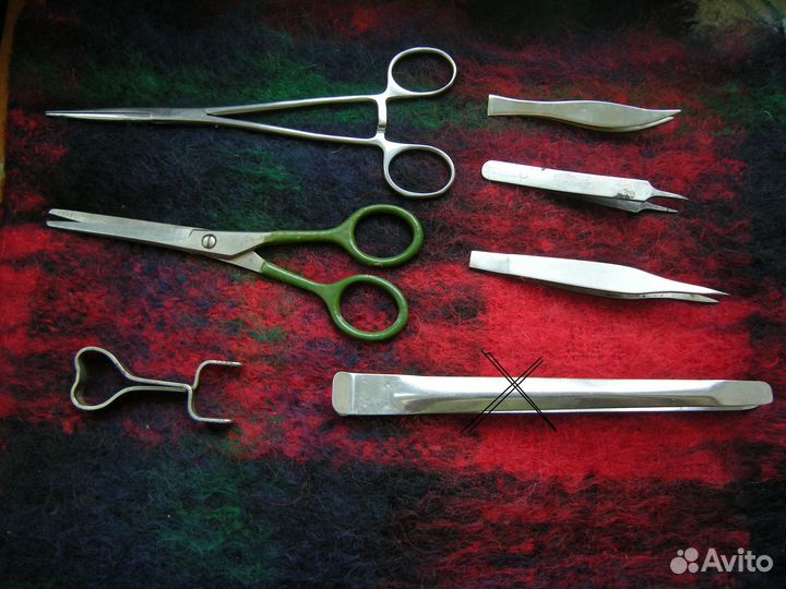 Ножницы 1983г, зажим медицинский, пинцеты