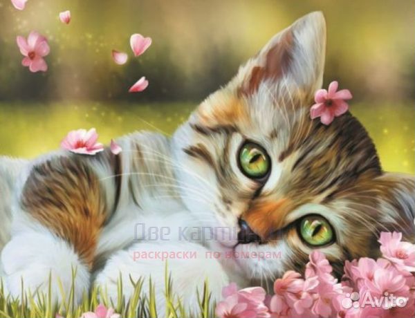 Алмазная мозаика 40x50 Милый котёнок среди розовых