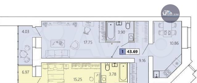 1-к. квартира, 43,7 м², 2/9 эт.
