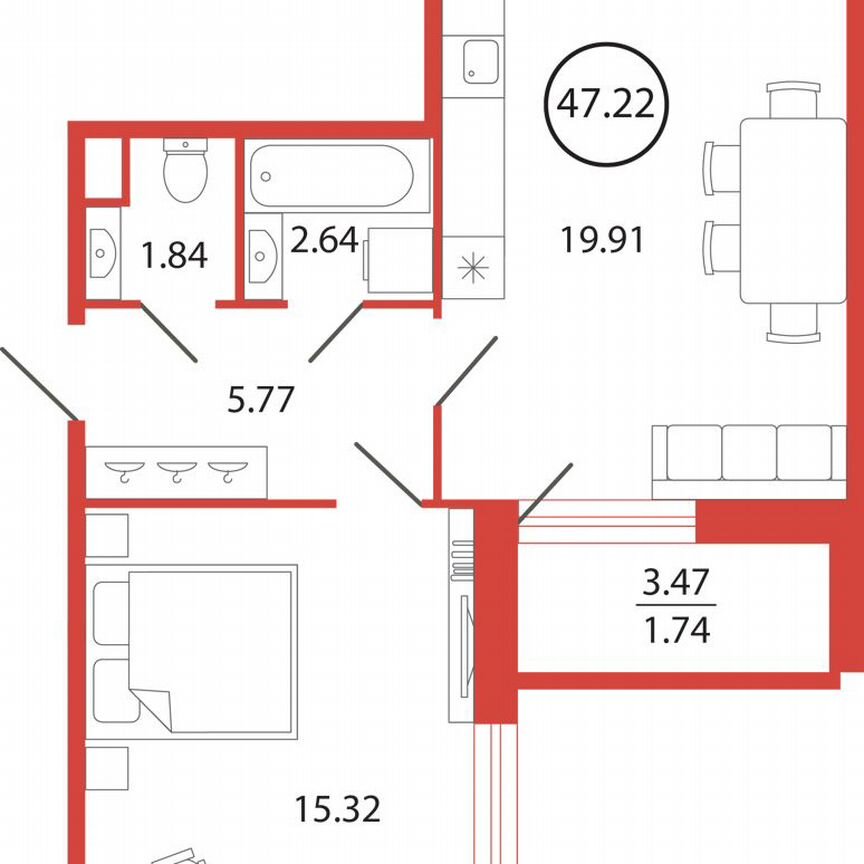 1-к. квартира, 47,2 м², 2/12 эт.