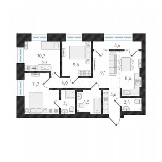 3-к. квартира, 67,3 м², 7/15 эт.