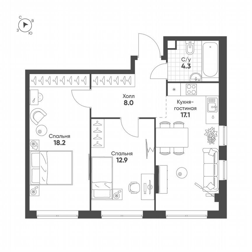 2-к. квартира, 60,5 м², 17/52 эт.
