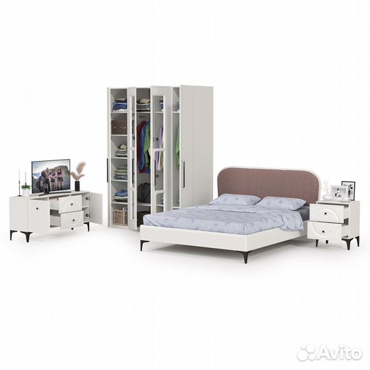 Спальня Валенсия № 44 с тумбой под тв и кровать с мягкой спинкой, цвет белый шагрень/ткань велутто