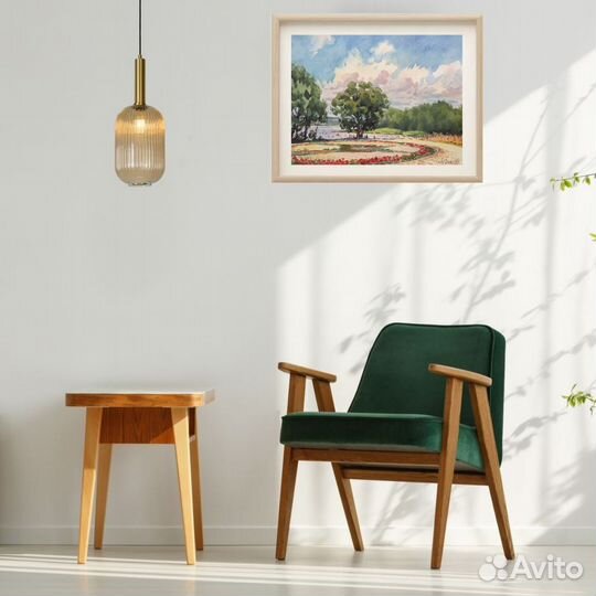 Картина акварель пляж Плещеево озеро 30х40