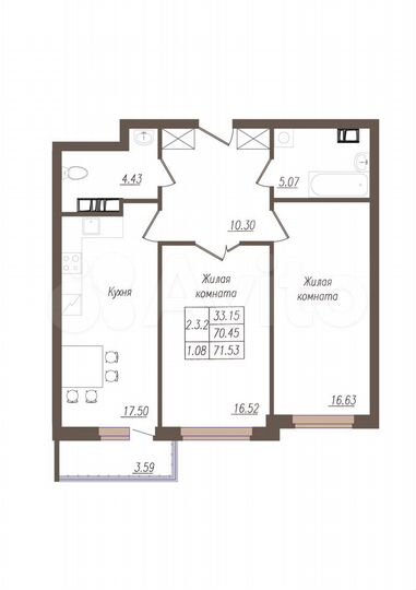 2-к. квартира, 70,5 м², 17/19 эт.