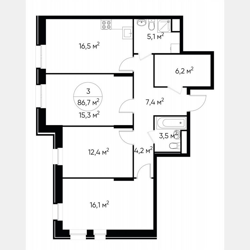 3-к. квартира, 86,7 м², 2/19 эт.