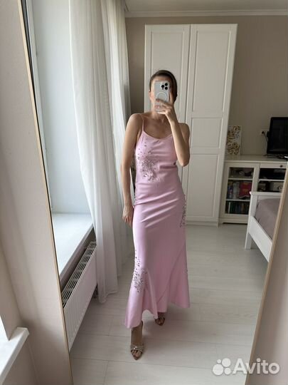 Lime Вечернее платье макси розовое со стразами XS