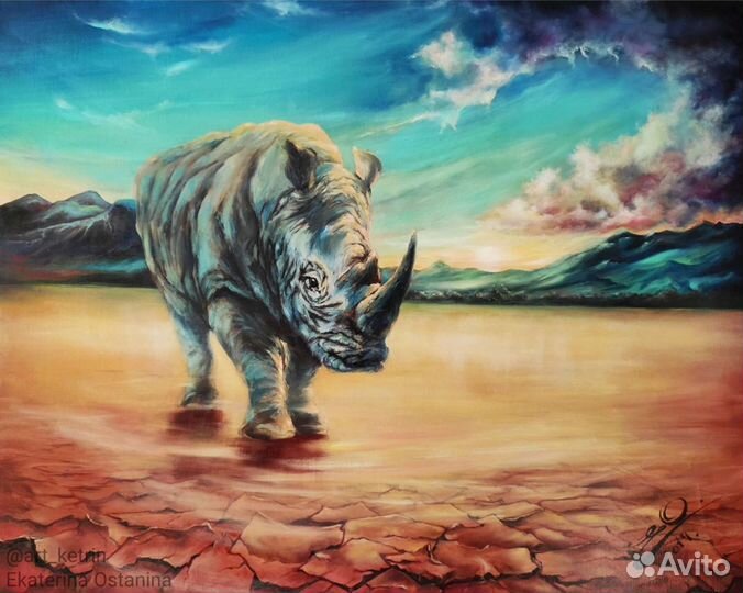 Картина маслом холст 100х80 Белый носорог