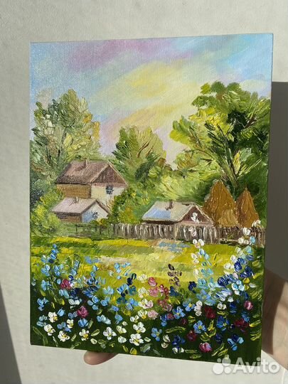 Картина маслом пейзаж с домиками