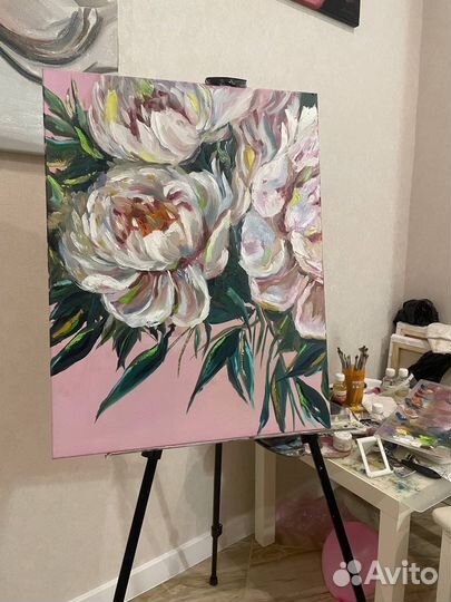 Картина маслом на холсте цветы пионы большая