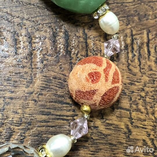 Бусы губчатый коралл, пренит, жемчуг