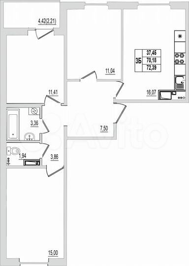 3-к. квартира, 72,4 м², 2/9 эт.