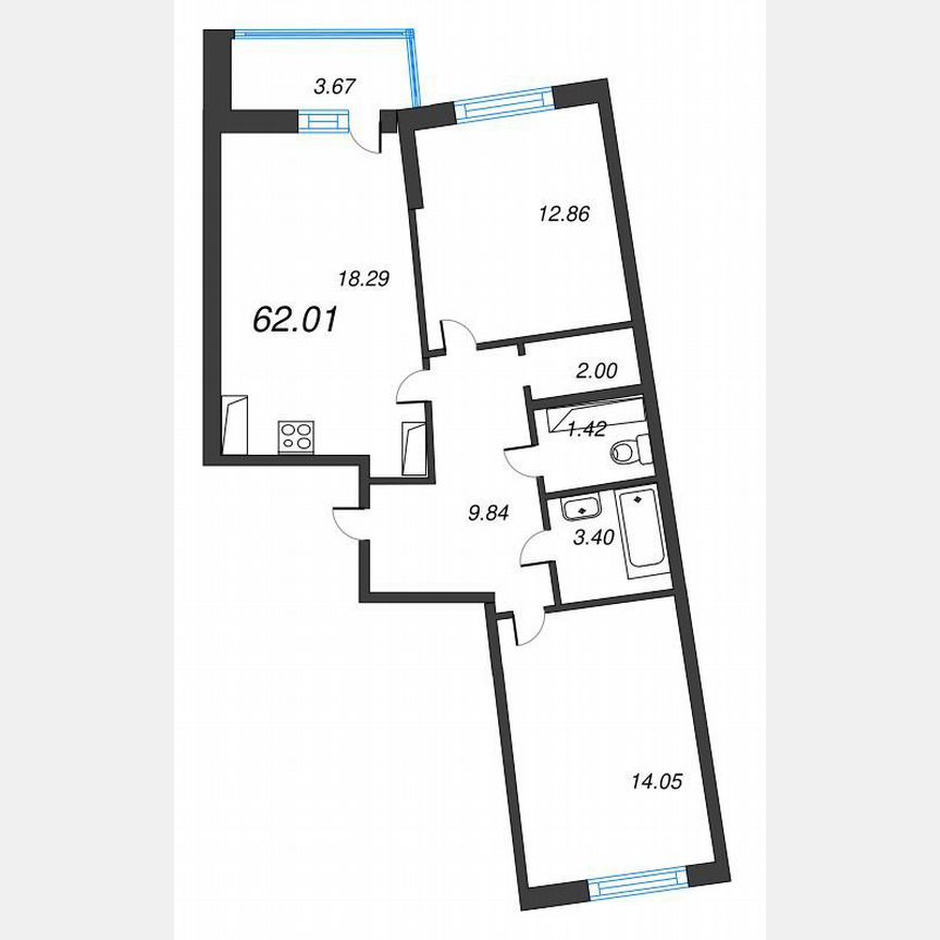 2-к. квартира, 63,7 м², 20/22 эт.