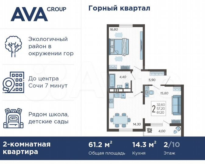 2-к. квартира, 61,2 м², 2/10 эт.