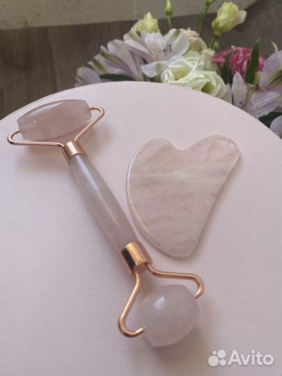 Массажер гуаша розовый кварц для лица набор