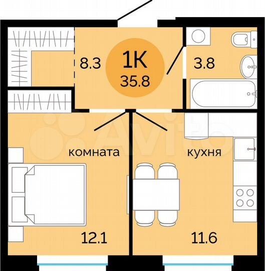 1-к. квартира, 35,8 м², 3/14 эт.