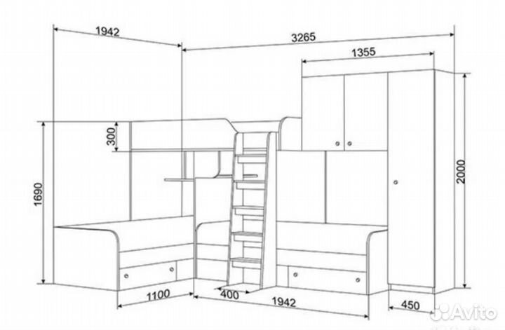 Кровать детская для троих детей со шкафом Сонома/О
