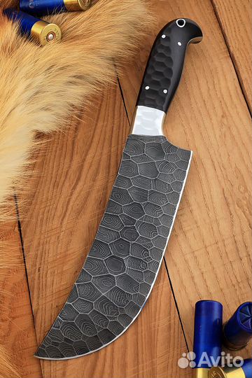 Нож для мяса дамаск полный камень черный граб