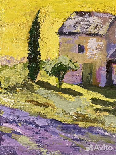 Картина маслом пейзаж в теплых тонах лаванда