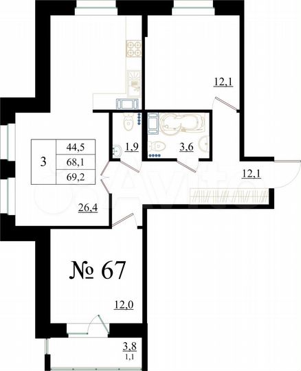 3-к. квартира, 69,2 м², 7/8 эт.