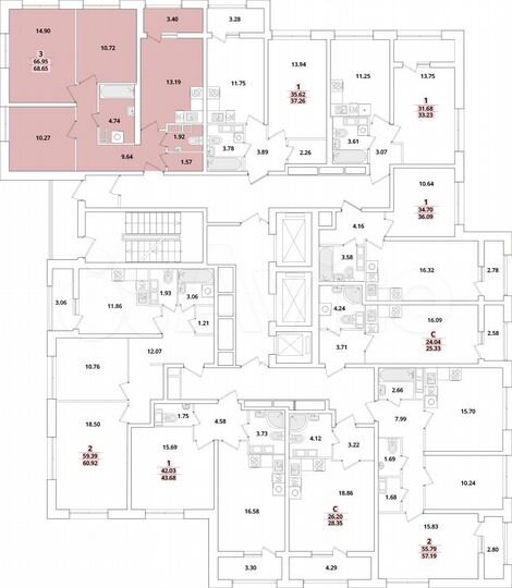 3-к. квартира, 68,4 м², 12/22 эт.