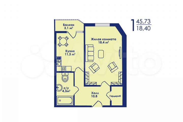 1-к. квартира, 45,7 м², 17/17 эт.
