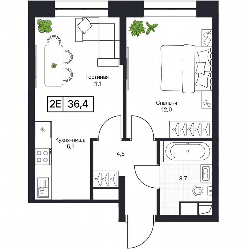 2-к. квартира, 36,4 м², 5/17 эт.