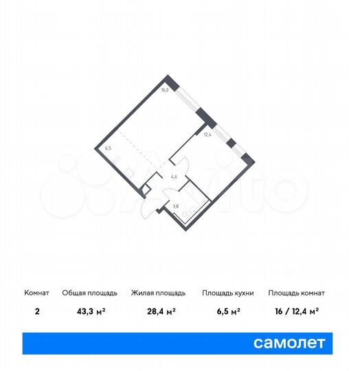 2-к. квартира, 43,3 м², 12/12 эт.