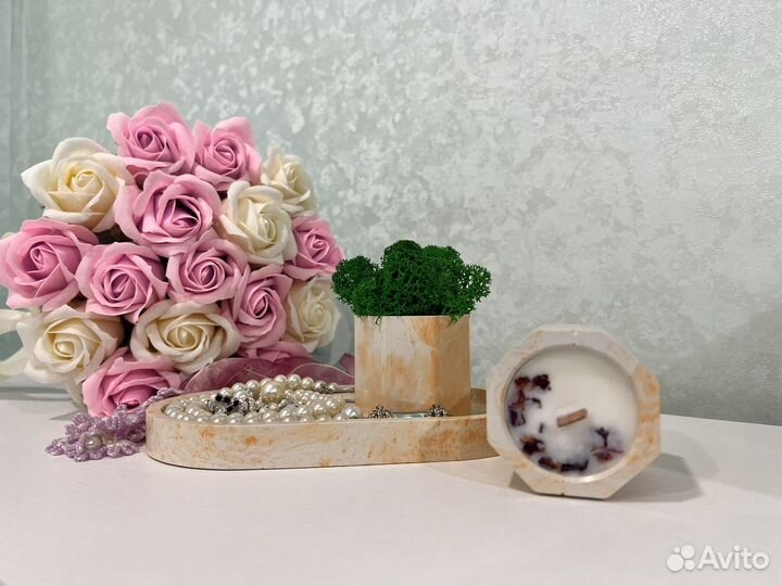 Набор кашпо с зеленым мхом+ свеча+поднос