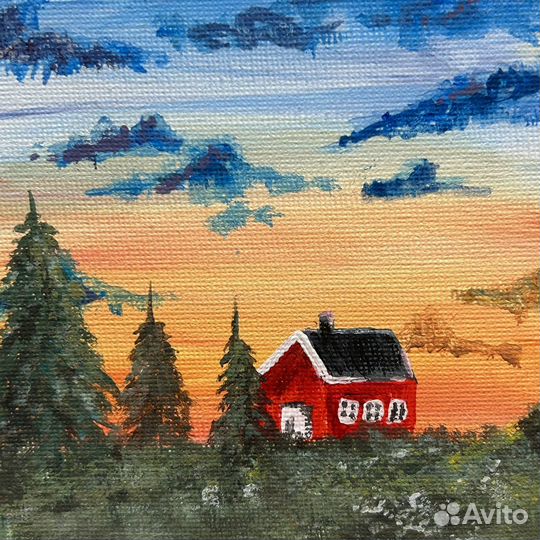 Картина в подарок акрилом, 10 см, пейзаж с домом