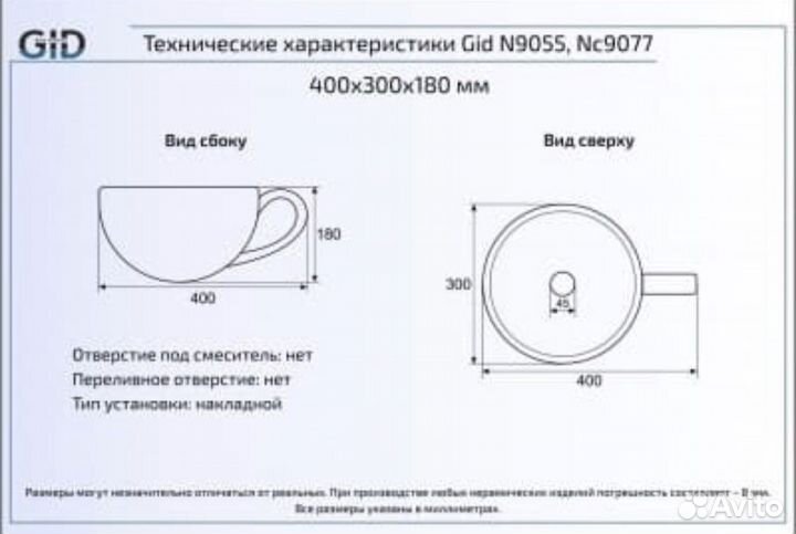 Раковина на тумбу Gid (italy) nc9077 черная кружка