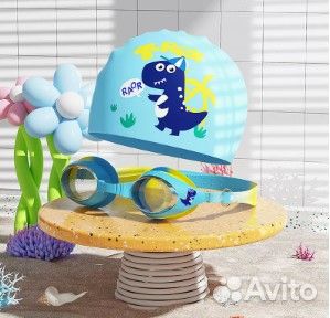 Шапочка для плавания с очками детская - Динозавр