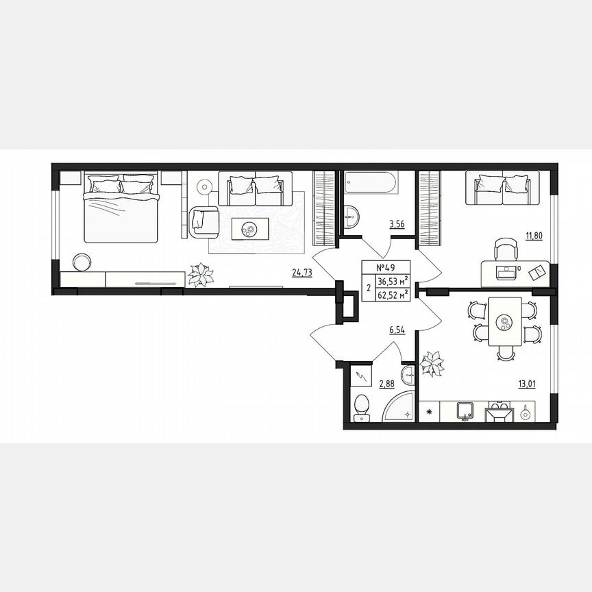 2-к. квартира, 62,5 м², 2/4 эт.