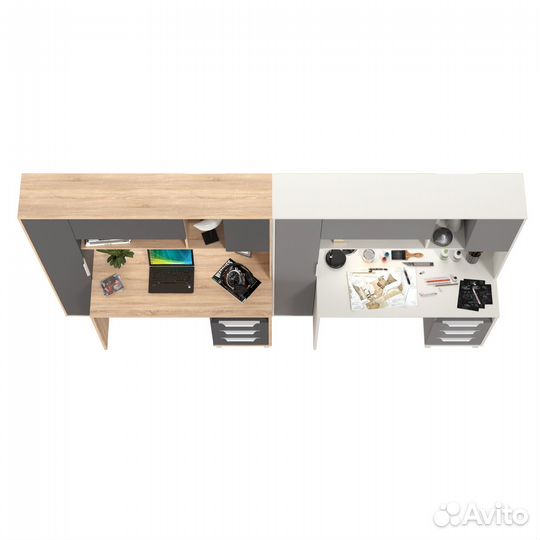 Два рабочих стола с надстройкой Mobi Комфорт 12.95N белый/серый шифер/дуб сонома/серый