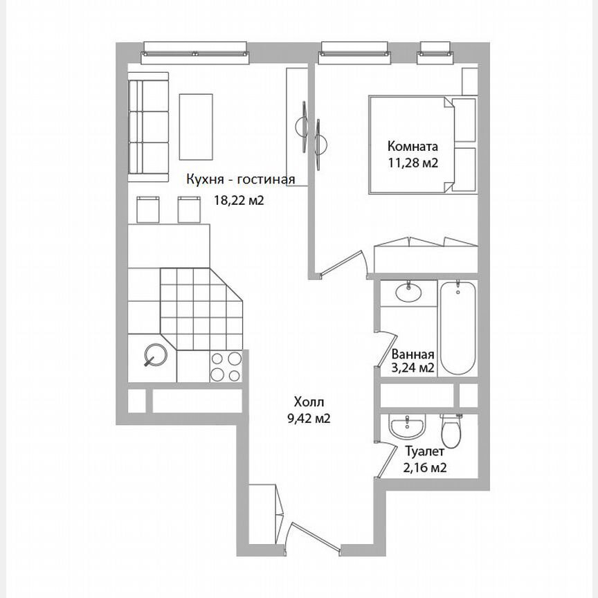 2-к. апартаменты, 44,3 м², 5/16 эт.