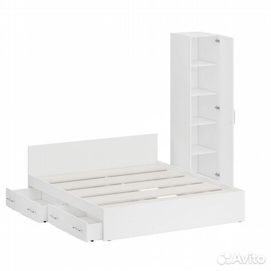 Кровать белая двуспальная с ящиками 1800 с пеналом Стандарт, цвет белый, спальное место 1800х2000 мм