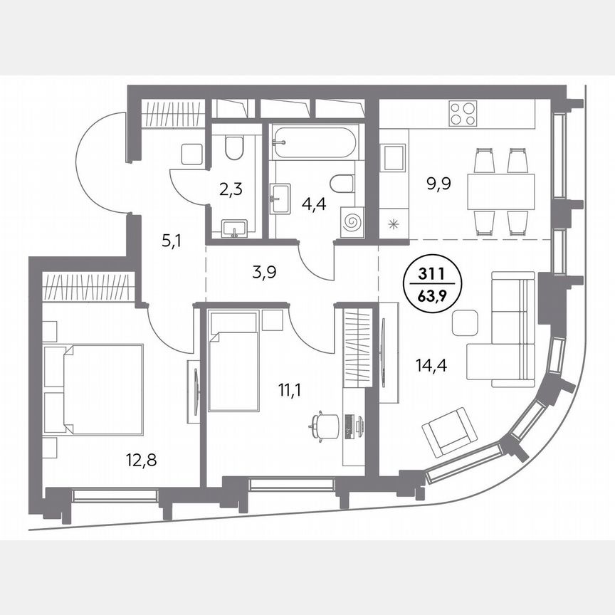 2-к. квартира, 63,9 м², 21/27 эт.