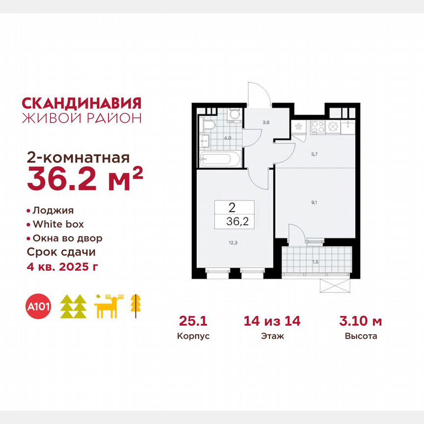 2-к. квартира, 36,2 м², 14/14 эт.