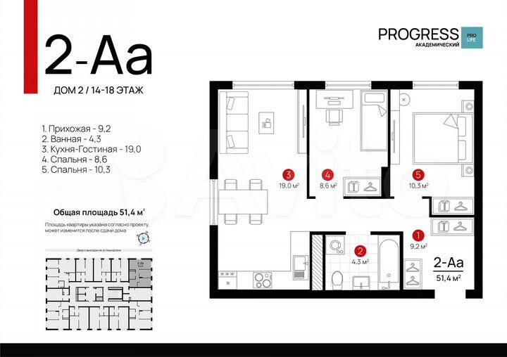 2-к. квартира, 51,5 м², 17/18 эт.