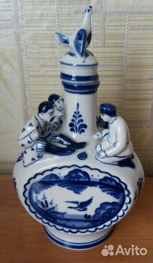 Штоф гжель охотники на привале авторский 23,5 см