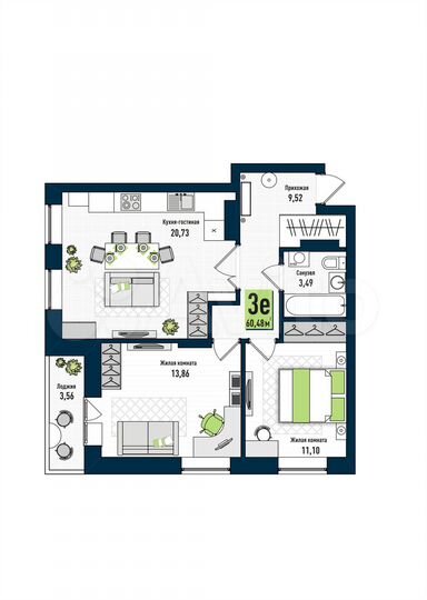 3-к. квартира, 60,5 м², 1/17 эт.